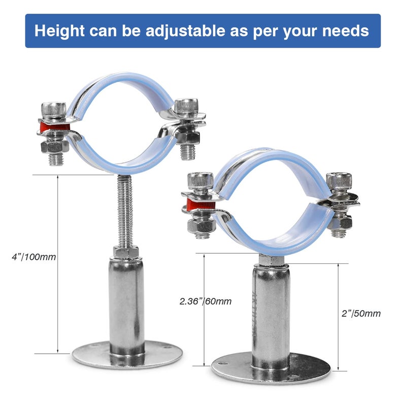AKIHISA 2 Pcs 304 Stainless Steel Pipe Supports, Wall Mount Ceiling Mount Pipe Hanger, Pipe Holder for OD Pipe 48-51MM Adjustable Height Range 50-100mm - Image 3